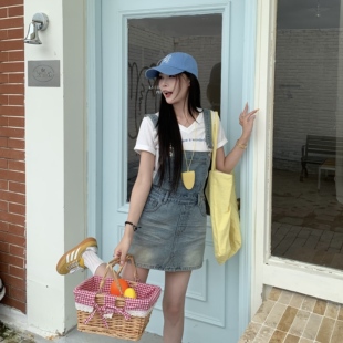 短裙 复古阔腿显瘦百搭工装 3MER哦哦三妹甜酷牛仔背带裙裤 女夏美式