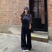 3MER哦哦三妹美式 子 慵懒宽松阔腿裤 复古丹宁深蓝牛仔背带裤 女秋季