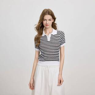 Azmi高级感polo领条纹针织短袖t恤女夏季新款宽松显瘦百搭上衣服