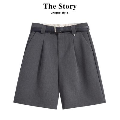 那些事衣橱灰色西装短裤女小个子2025春季显瘦高腰a字休闲阔腿裤
