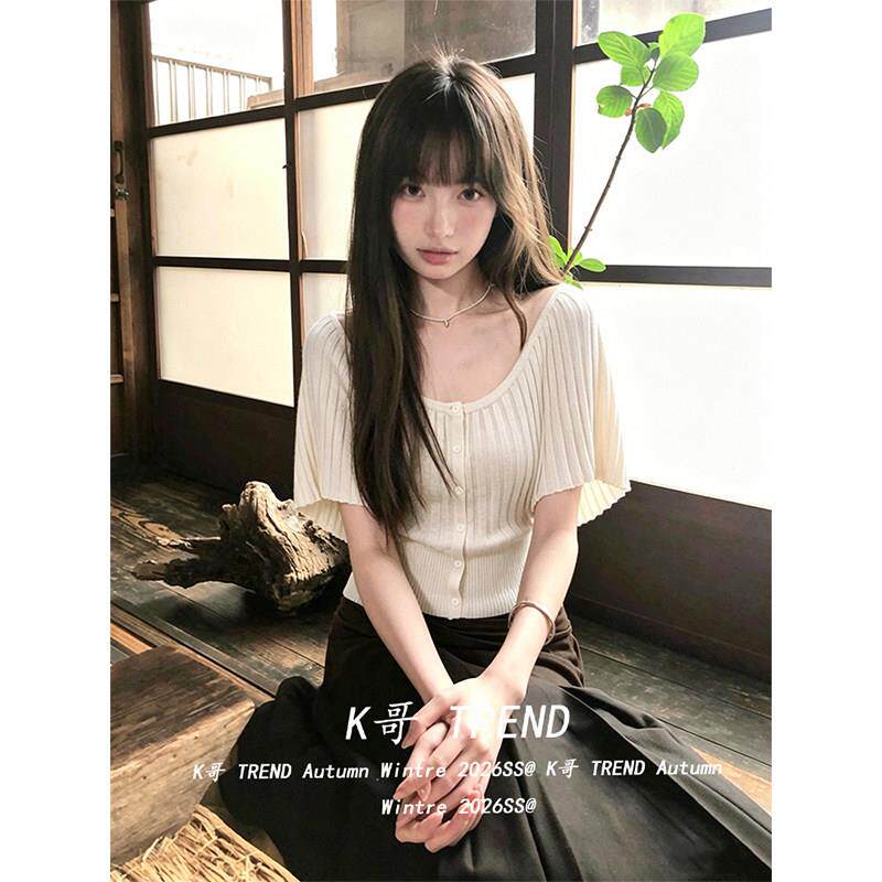 韩系风琴褶圆领针织开衫女夏季气质收腰短袖t恤休闲蝙蝠袖上衣tee