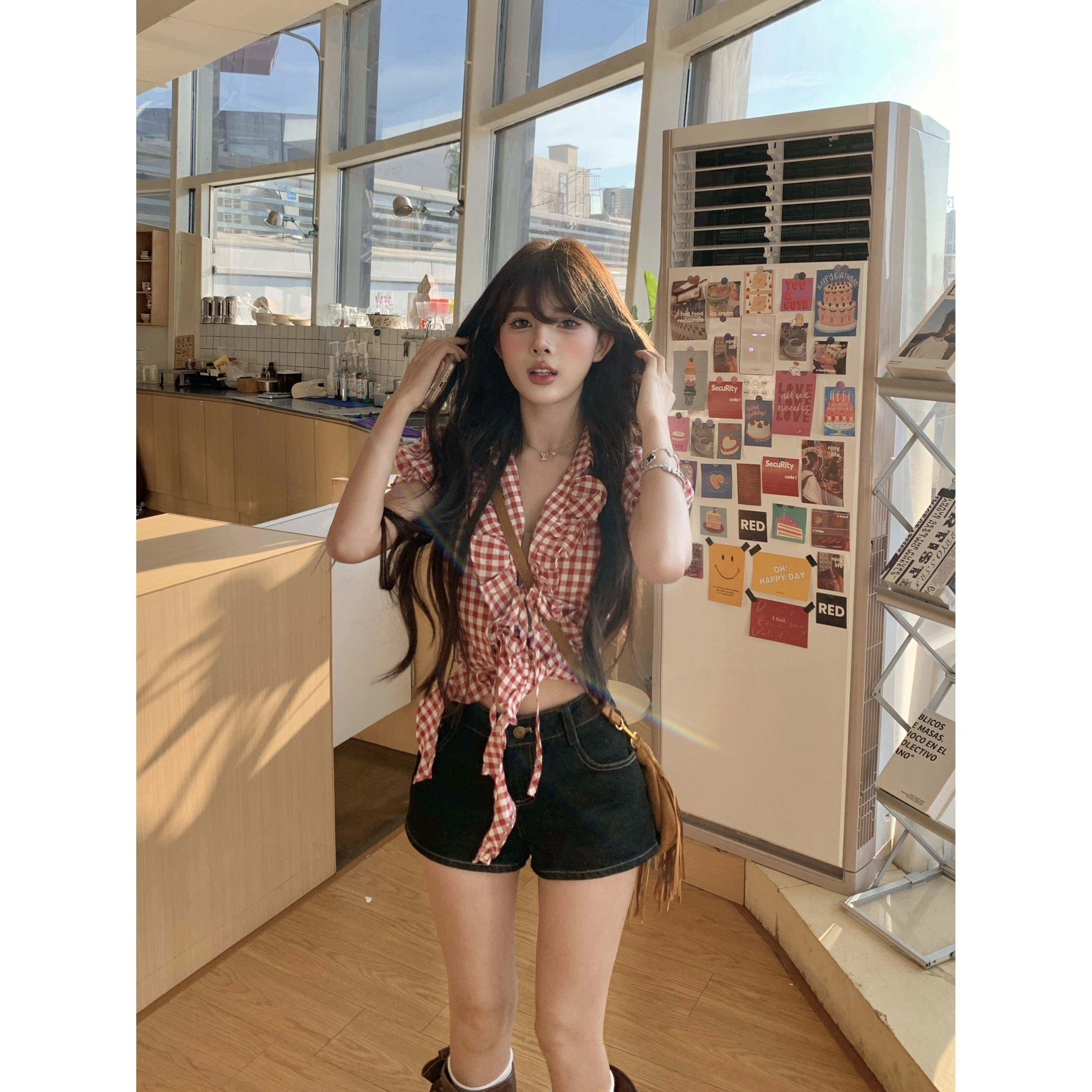 手机性感褶边带子红色格子短袖衬衫女子夏季设计短衬衫上衣