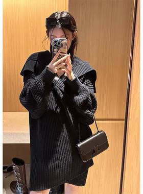 黑色翻领中长款毛衣外套女春秋冬季加厚慵懒风宽松针织开衫高级感