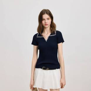 Azmi高级感藏青色polo领针织短袖t恤女夏季新款收腰显瘦百搭上衣