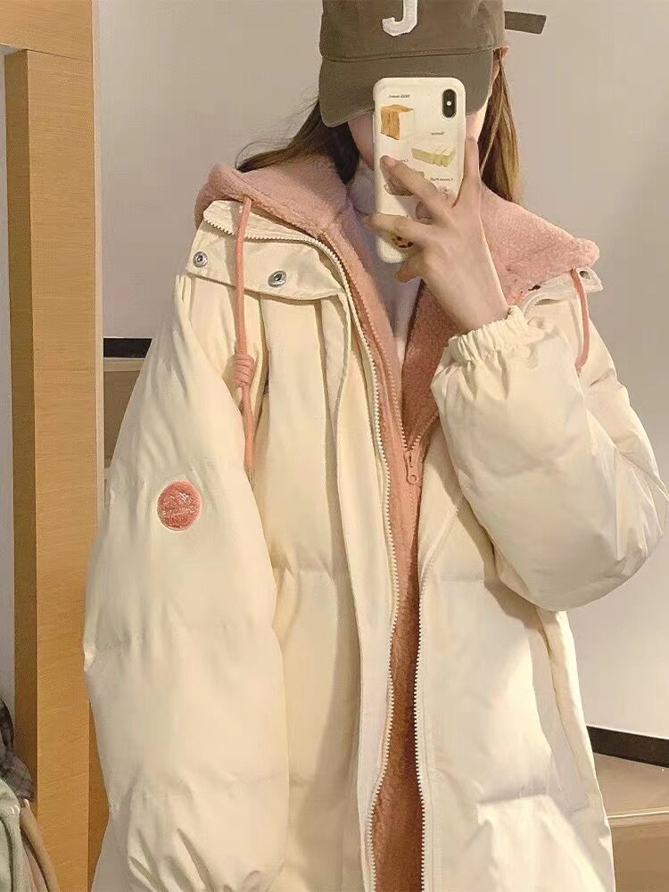 韩版设计感连帽拼接假两件羊羔毛棉服女冬季新款ins学生棉衣外套