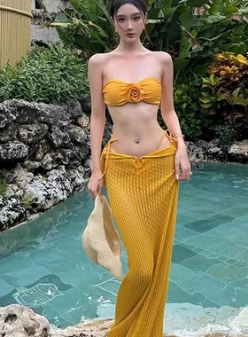 比基尼泳衣女2024新款绝美黄色分体三件套性感热辣长裙海岛度假风