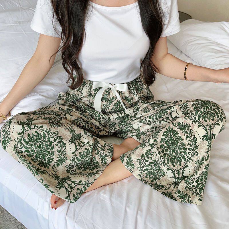 高级棉绸裤子夏季棉绸女士印花植物花卉休闲阔腿裤广场舞裤遛弯裤