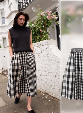 Le Char Char Gingham格纹拼接棉麻半裙