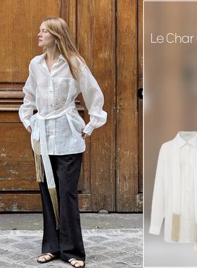 白色亚麻混纺流苏飘带廓形衬衣（金线细节）