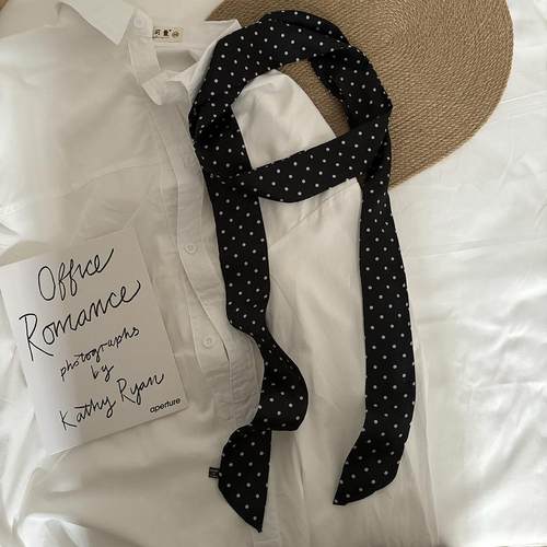 韩系法式百搭波点长条丝巾女丝带