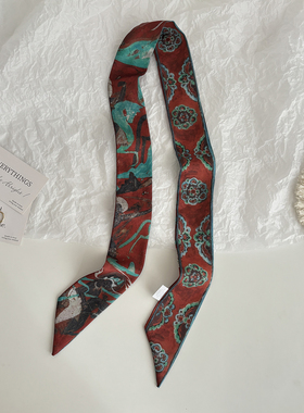 原创中国风红色长条小丝巾女高级感束发带原创鹿丝带绑包手柄丝巾