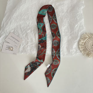 原创中国风红色长条小丝巾女高级感束发带原创鹿丝带绑包手柄丝巾