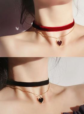 红色爱心双层锁骨链choker女高级设计感小众脖颈链敬酒服项链配饰