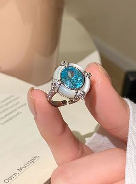 「冰川梦境」轻奢中古法式复古vintage贝母蓝色锆石宫廷风戒指女