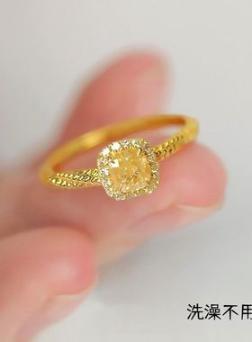 黄水晶戒指女轻奢超闪小方糖麻花个性高级感食指戒