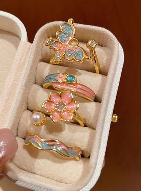 翩翩飞舞~蝴蝶花朵戒指女小众设计高级感食指戒开口叠戴闺蜜指环