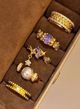 宫廷风麦穗珍珠紫色戒指女款精致复古轻奢食指戒小众独特中古指环