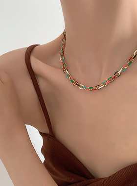 欧美ins风钛钢珐琅滴油彩色高级感项链小众冷淡风嘻哈锁骨链颈链