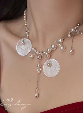 泡沫夏日强光施家圆片珍珠贝壳吊坠项链女款独特绝美流苏锁骨配饰