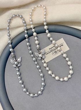 蝴蝶珍珠项链女款毛衣链轻奢小众高级感2025新款锁骨链女名媛颈链