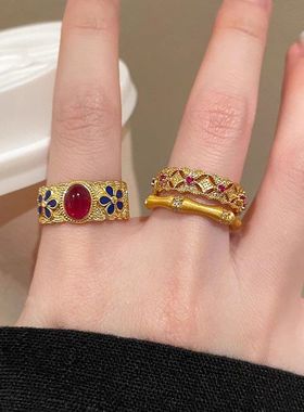 宫廷风复古金色珐琅竹节戒指女时尚高级感食指戒新中式秋冬款指环