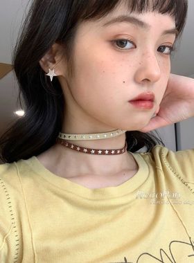 复古哥特朋克风叠戴五角星绒面项圈choker小众设计辣妹短款项链