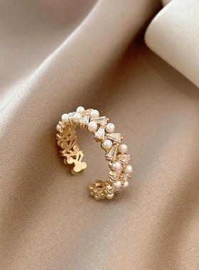 锆石珍珠双排戒指女开口可调节时尚个性气质食指戒2024年新款潮