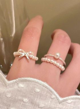 蝴蝶结珍珠串珠戒指女ins小众设计装饰食指戒轻奢高级感叠戴指环