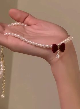 红丝绒蝴蝶结小香风项链choker秋冬女甜美简约设计吊坠锁骨链颈链