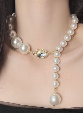 韩国张元英同款大珍珠闪钻项链复古短款choker颈链优雅百搭锁骨链