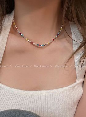 彩色串珠碎银子项链女款夏天多巴胺叠戴锁骨链轻奢小众高级感配饰