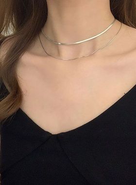 银色双层蛇骨项链女叠戴锁骨链轻奢小众设计感简约百搭颈链配饰潮