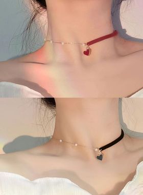 choker高级设计感锁骨链女红色珍珠颈链项圈脖子配饰项链拼接设计