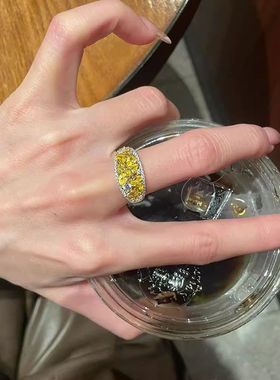 橘子气泡黄钻戒指女款中古vintage轻奢高级感百搭显白食指戒指环