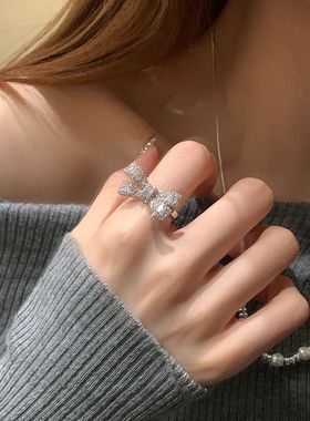 suzyacc kr轻奢重工满钻蝴蝶结戒指小众设计高级感食指戒可调节