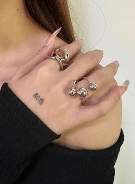 新款圆球戒指时尚气质小众夸张光珠不规则个性关节开口食指指环