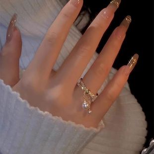 精致珍珠链条镶钻开口戒指女轻奢小众设计简约时尚百搭食指戒指环
