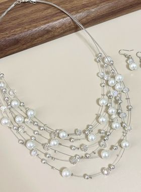 富家千金法式多层隐形鱼线串珠项链设计高级晚宴礼服