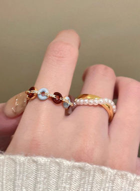 酒红色爱心珍珠戒指女轻奢ins小众设计高级感气质叠戴食指戒指环