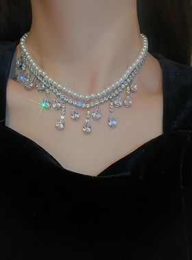 鞠婧祎同款项链镶钻珍珠吊坠锁骨夸张欧美复古晚宴礼服毛衣链配饰