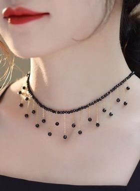 洋气黑色水晶流苏项链女高级设计感锁骨链新款气质项饰x15