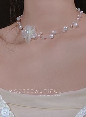 珍珠花朵锁骨链满天星多层鱼线少女清新温柔气质choker新款