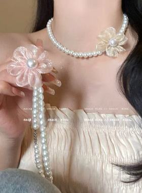 温柔花朵珍珠颈链choker复古轻奢小众高级锁骨链气质甜美项链女