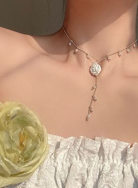 法式玫瑰花珍珠流苏项链女超仙复古choker颈链轻奢小众温柔锁骨链