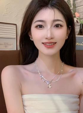 轻奢锆石水滴四芒星项链女小众设计甜酷双层叠戴锁骨链高级感颈链