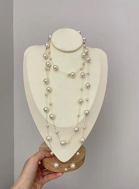 法式高级感奶白色仿珍珠项链秋冬新款多圈轻奢叠戴长款设计毛衣链