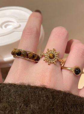 雅丹风太阳花虎眼石戒指女款轻奢ins小众设计高级复古食指戒指环