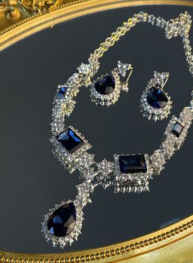 镶钻方形水滴套装耳环项链秋冬新款时尚复古气质锁骨链短款毛衣链