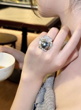 欧美复古宫廷风锆石灰色珍珠花朵夸张戒指女款气质个性食指戒指环
