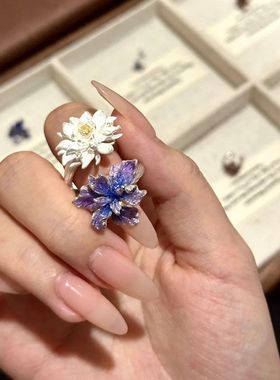 渐变鸢尾花白色昙花戒指女轻奢小众高级感精致气质百搭食指戒指环